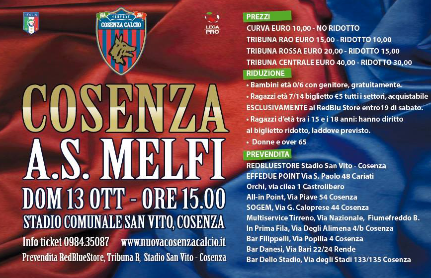 Il Cosenza capolista aspetta i suoi tifosi al San Vito. Prevendita attiva al RedBlue Store e nei punti vendita esterni