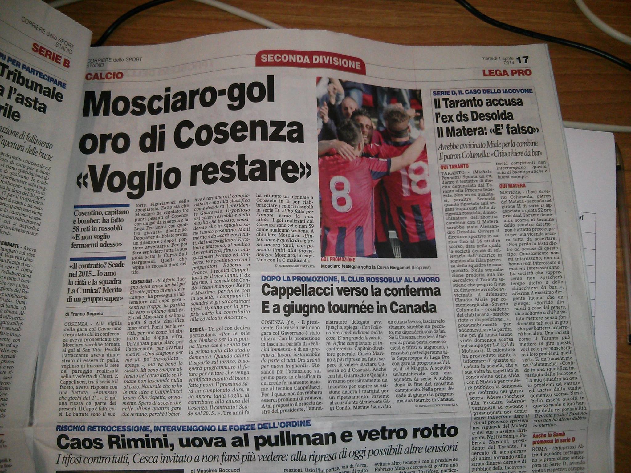 Cosenza in Lega Pro unica, grande risalto sul Corriere dello Sport