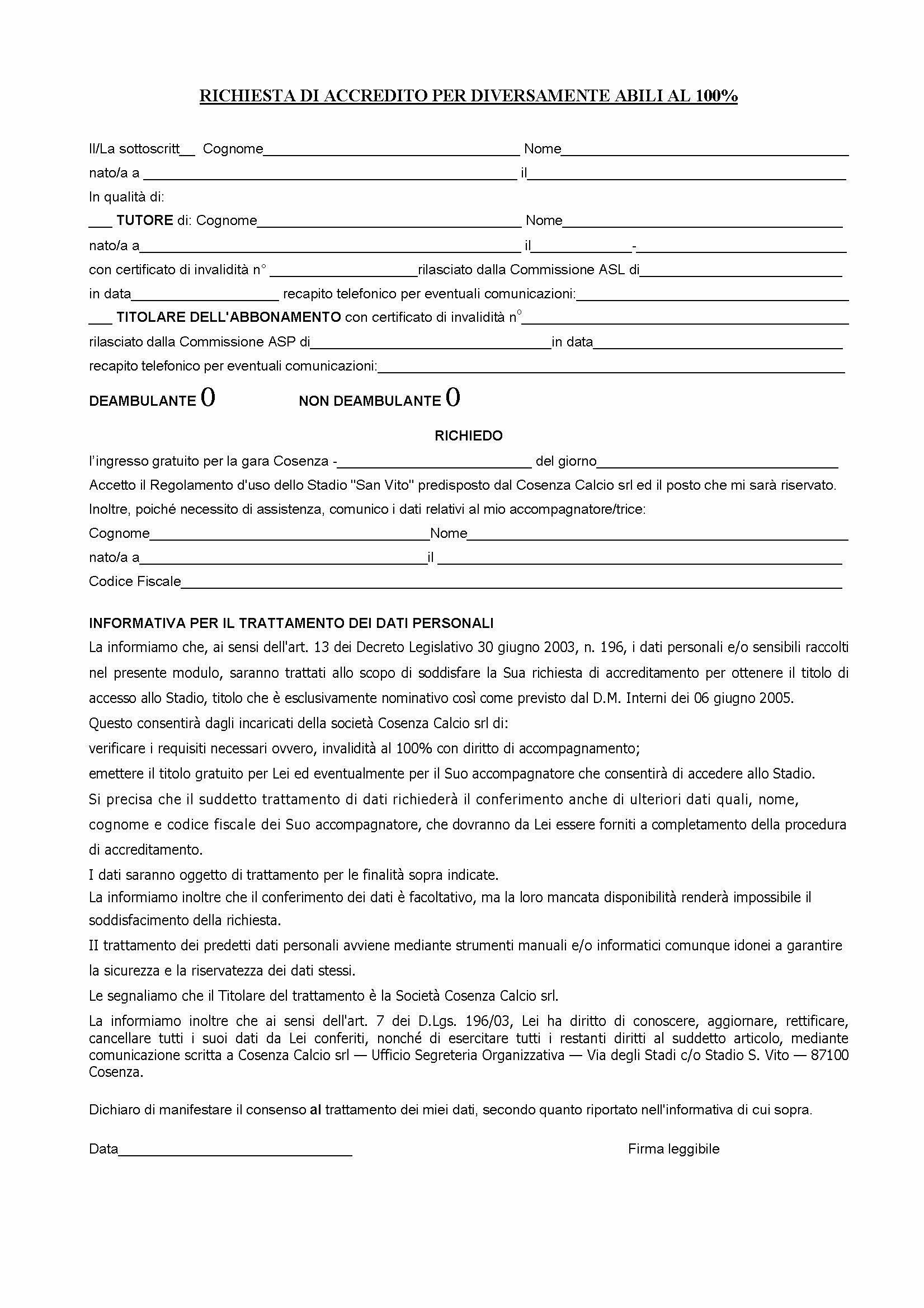 Richiesta accredito per diversamente abili