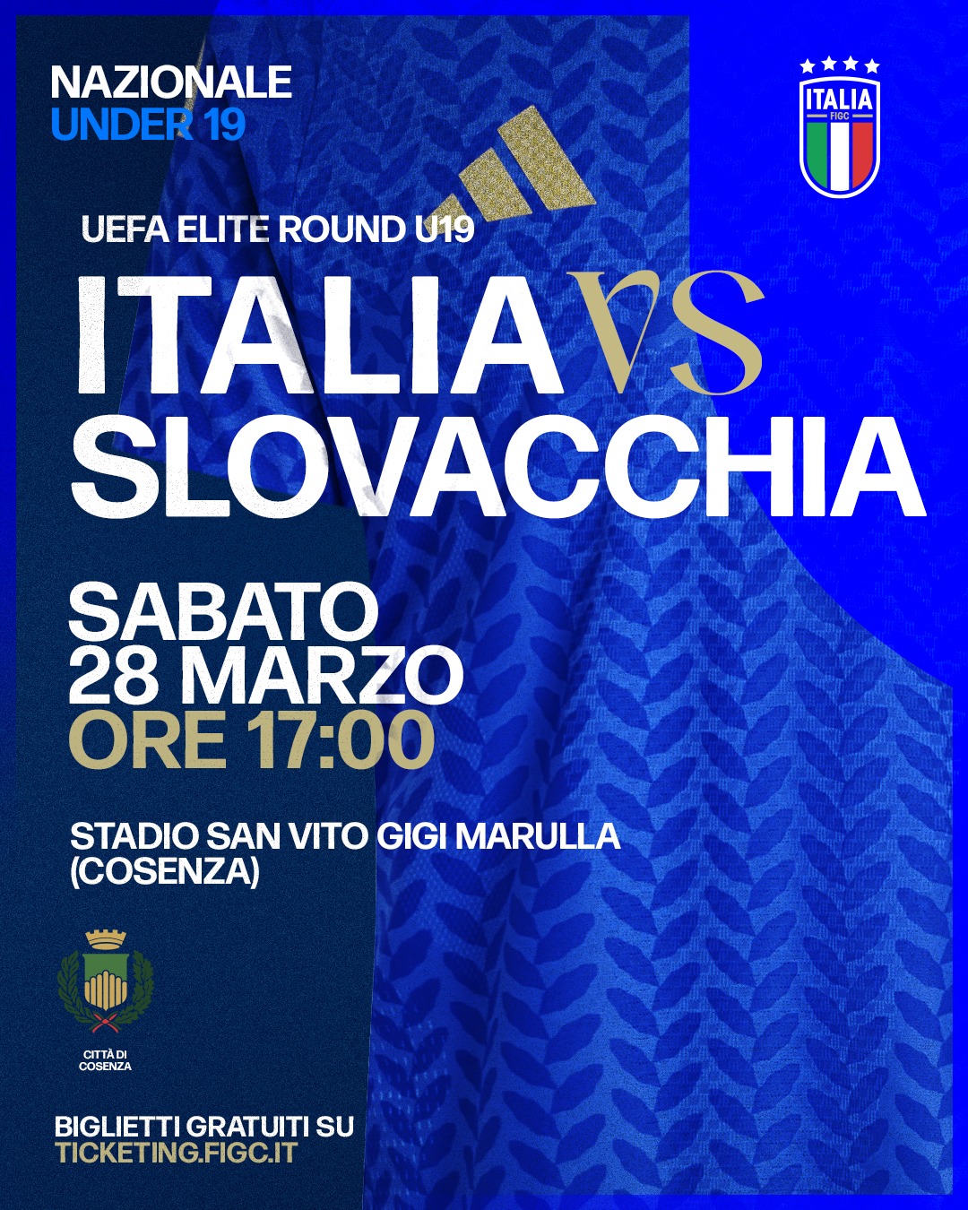 Sabato 28 marzo alle ore 17 al ‘San Vito-Gigi Marulla’ la Nazionale Under 19 affronterà la Slovacchia nella seconda gara di qualificazione all’Europeo.